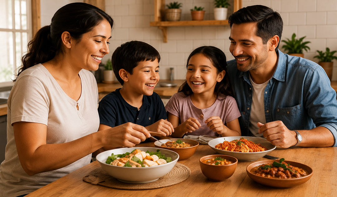 Familia compartiendo alimentos en casa