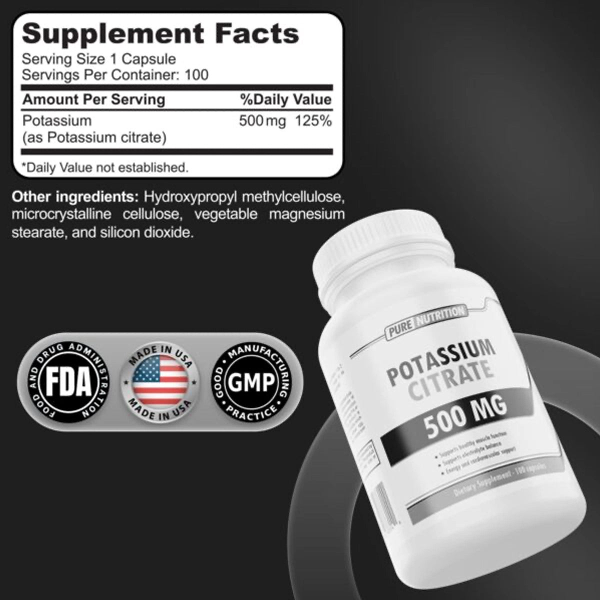 Citrato de Potasio 500mg 100 Caps by PURE NUTRITION