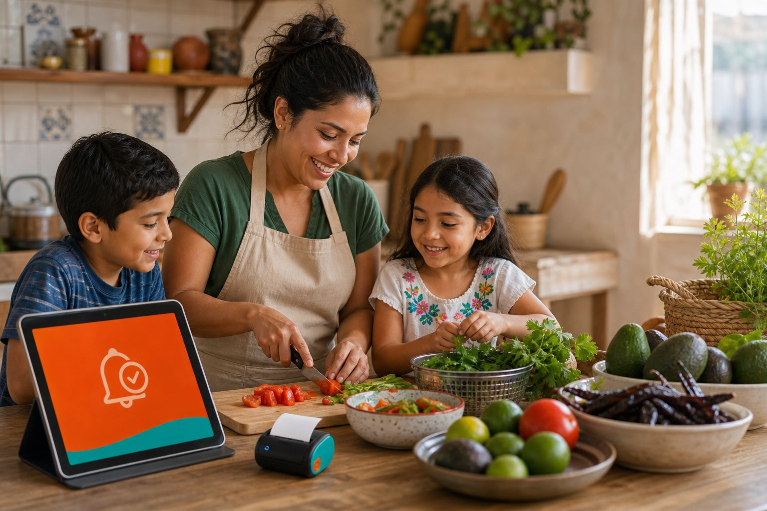 Mamá cocinando con sus hijos en casa junto a una tablet con pedido entrante y una impresora térmica opcional